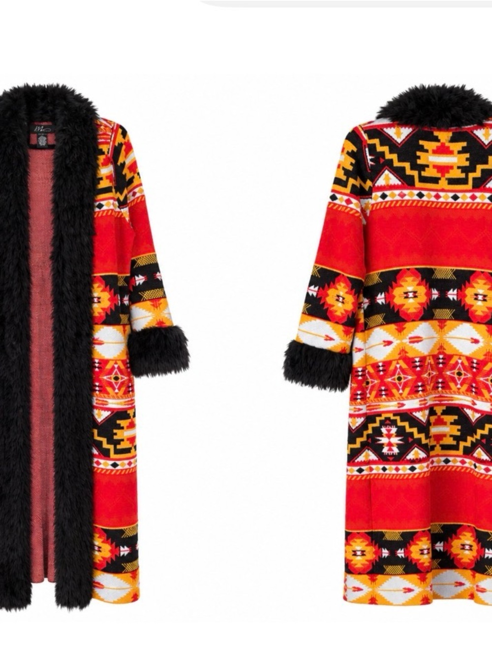 Women’s Red Aztec Faux-Fur Trim Coat